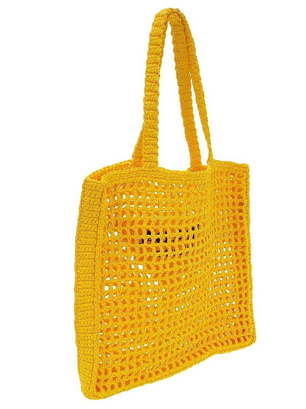 Prada Celeste Logo Embroidered Raffia Yellow Tote Bag